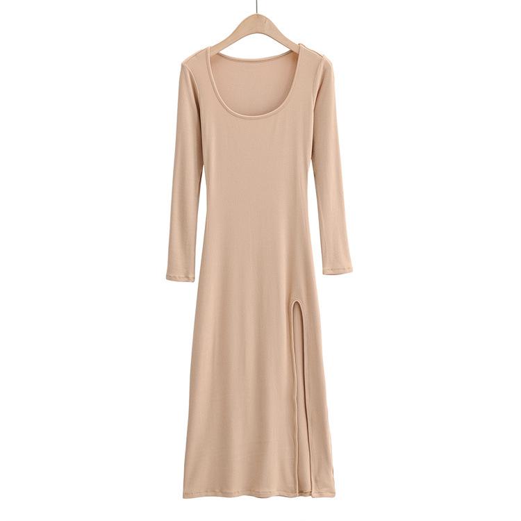 YPFF New Autumn Women's Slim Fit High Slit Long Sleeve Dress - Elegant, Sexy Solid Color Skirt