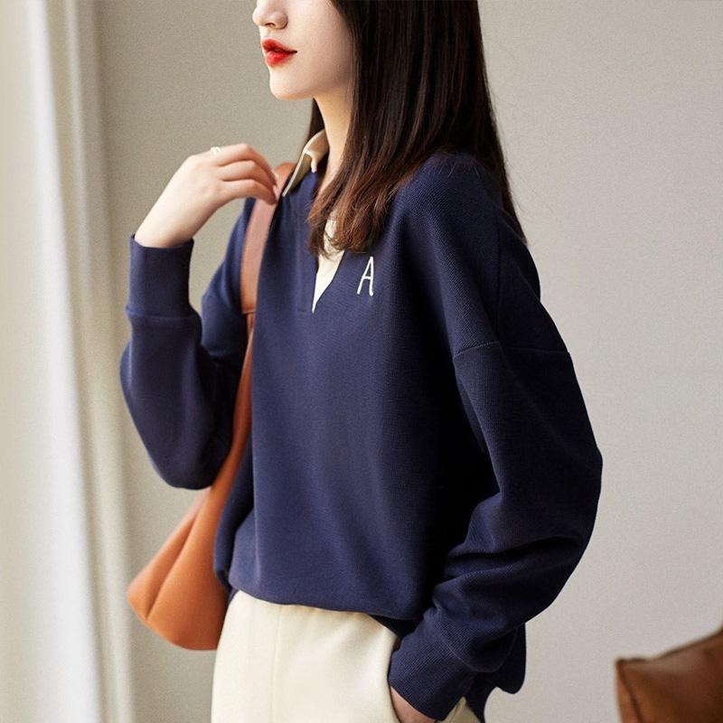 

Autumn Fashion Letter Embroidery Color Blocking Sweatshirts Women New Classic Long Sleeve V-neck Casual All-match Lady Top 2022 S темно-синього кольору