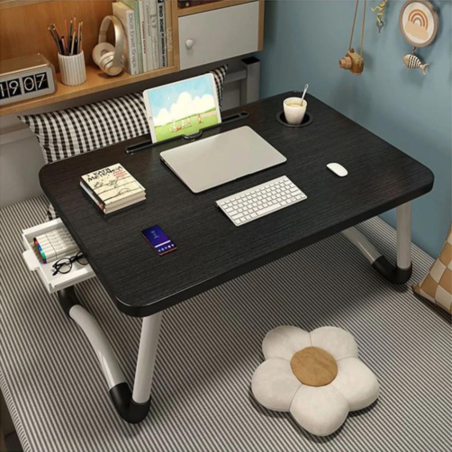 Folding Bed Desk Laptop Table Dormitory Portable Small Desks Cup Holder Slot Mobile Breakfast Table Bedroom Computer Tray Shelf