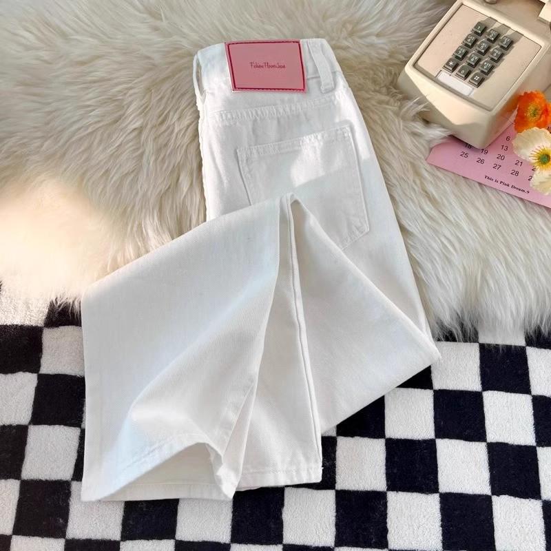 White Women's High-Waisted Wide-Leg Jeans - Trendy, Versatile, Slimming, Loose Fit, Plus Size, Floor-Length Pants for Autumn