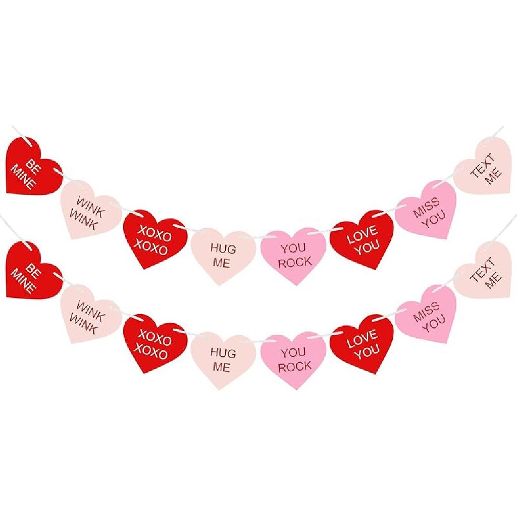 Valentines Conversation Hearts Candy Banner No DIY Valentines Day Heart Garland with 16Pcs Heart, 2Pack Pre-Strung Valentines Garland Heart Banner