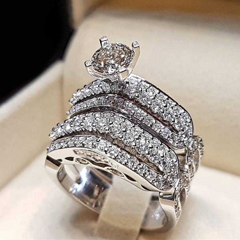 Huitan  Luxury Women 2Pcs/Set Ring Charming Engagement Party Fashion Accessories Delicate Wedding Zircon Inlaid Shining CZ