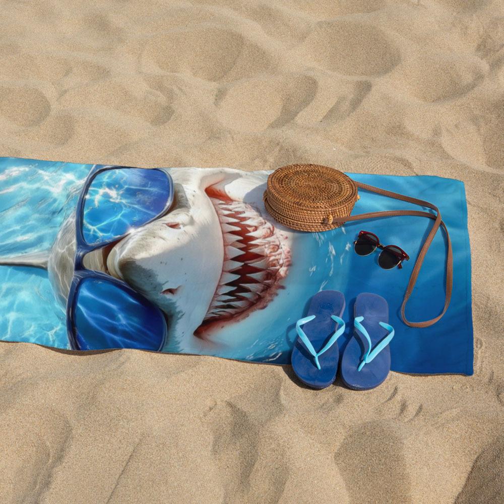 1pc Cartoon Shark Print Microfiber Beach Towel - Lightweight and Soft Extra Large Beach Fashion Blanket | Perfect for Beach, Pool, Yoga
