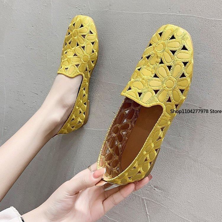 Fashion Large Size 42 Square Toe Summer Shoes Women Embroidery Designer Shoes Soft Slipon Loafers Moccasin Leisure Women's Ballet Flats