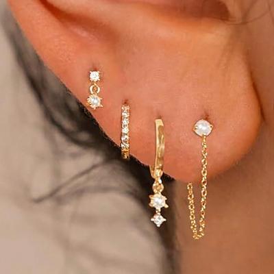 4pcs Women White Cubic Zirconia Gold Color Hoop Earrings Hypoallergenic Cute Cartilage Studs, Trendy Jewelry