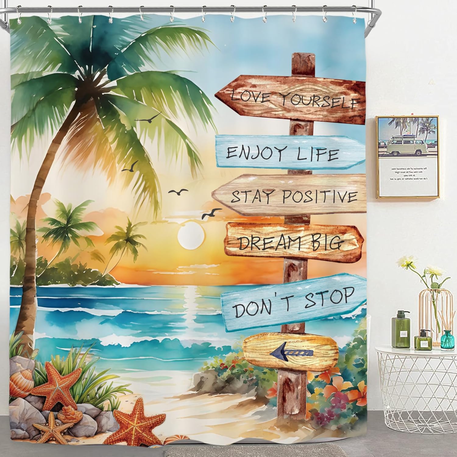 

Tropical Beach Palm Tree Shower Curtain Ocean Starfish Rose Flower Plants Sunset Watercolor Scenery Bathroom Decor with Hooks 35x70inch-90x180cm
