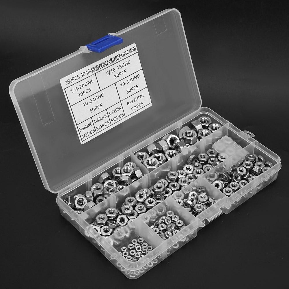 360pcs Stainless Steel Hex Nuts Coarse Thread American System UNC Nuts Fasteners