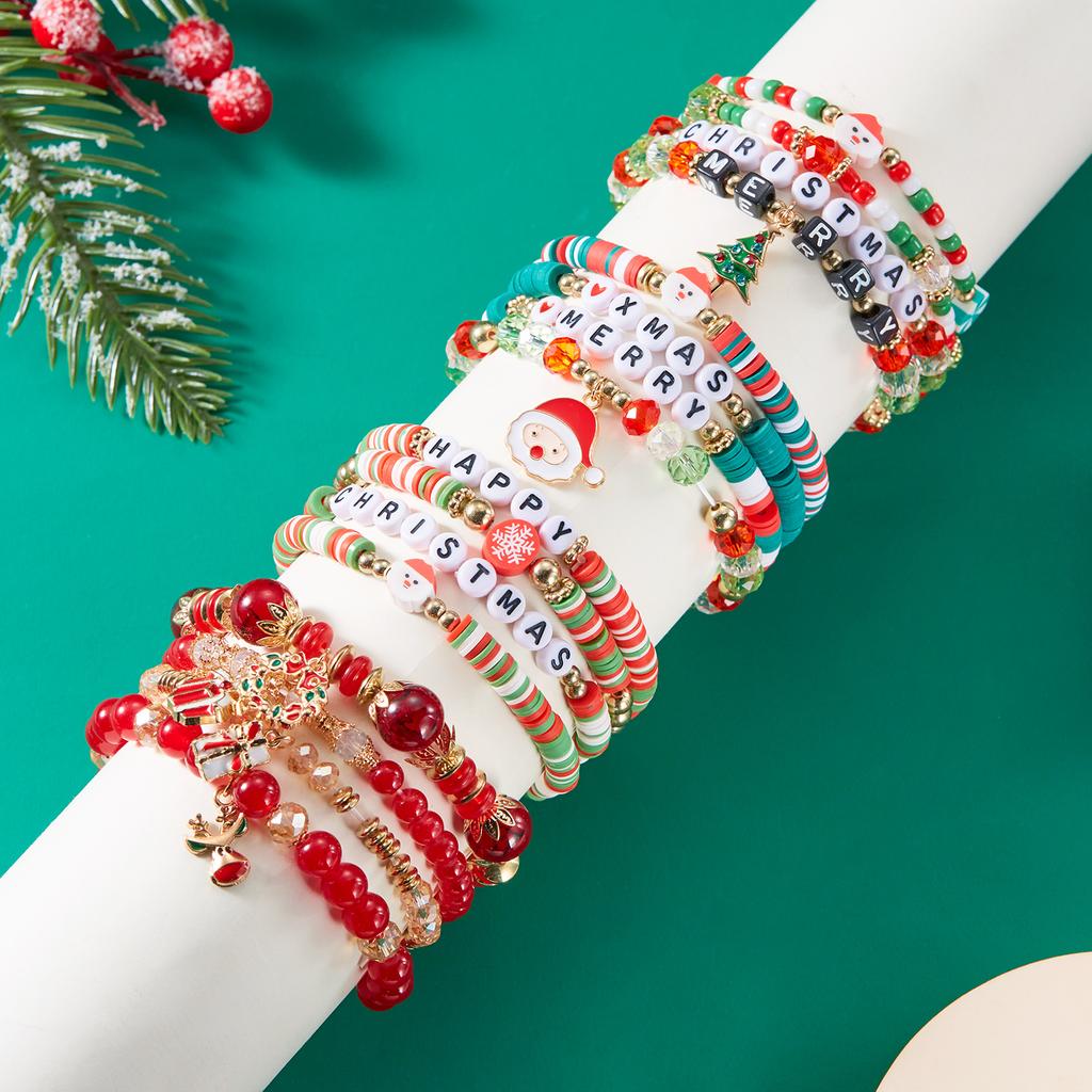 Colorful Beaded Christmas Bracelet Set For Women Men Santa Claus Snowman Snowflake Pendant Bangles New Year Party Jewelry