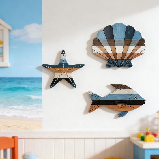 3 Pcs Wood Fish Shell Starfish Beach Wall Decor Rustic Nautical Lake House Hanging Sculpture Ocean Coastal Theme Wall Art for Bathroom Bedroom