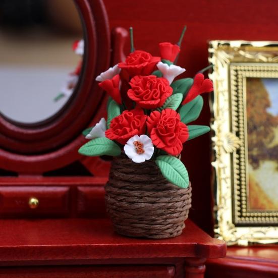 Dollhouse Potted Plant 1:12 Scale Hand-Kneaded Miniature Rattan Flower Pot with Lifelike Petals Leaf Veins Dollhouse Decor Accessory