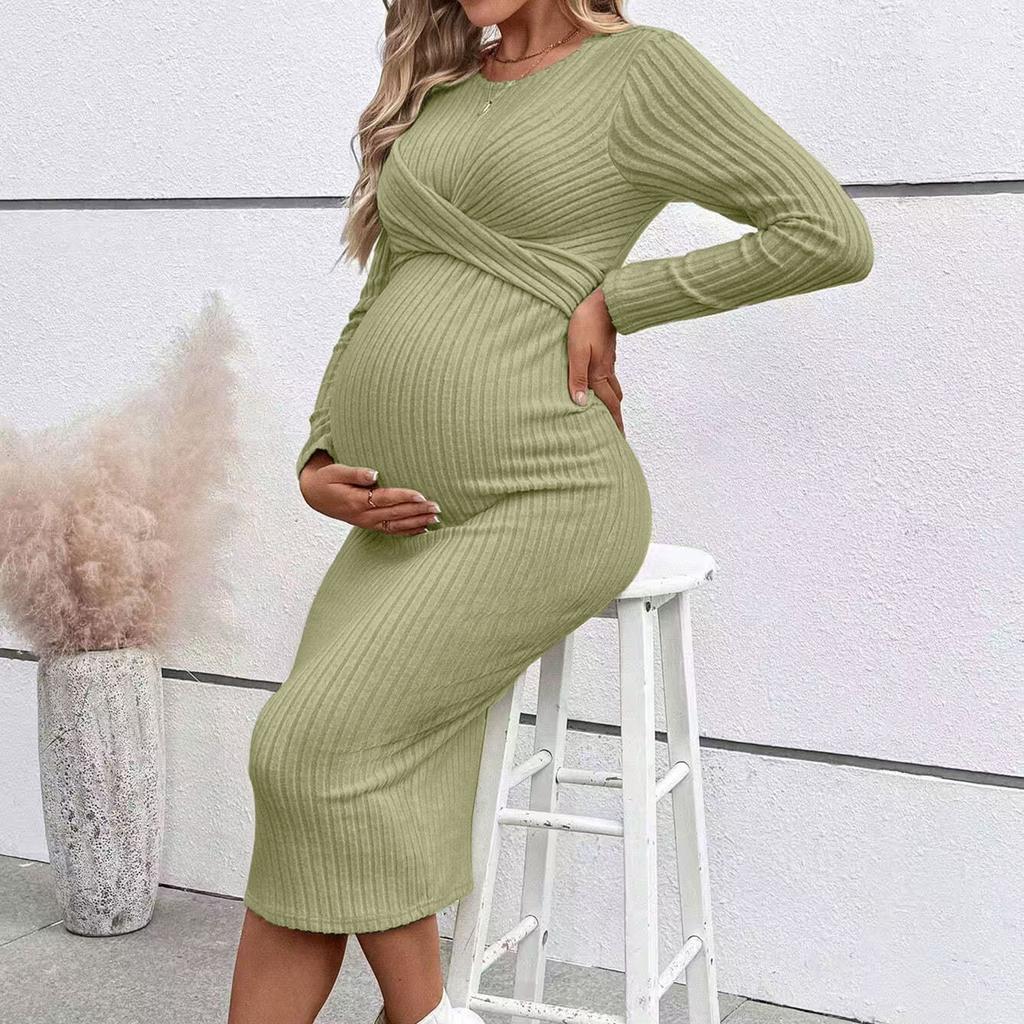 Elegancka damska sukienka ciążowa z węzłem, dekoltem okrągłym, wąskim krojem, wysoką elastycznością i długimi rękawami
