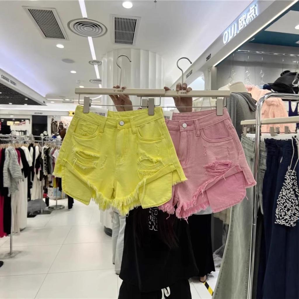 Summer 2026 American Pink Ripped Denim Shorts - Korean Style Wide-Leg A-line Hot Pants