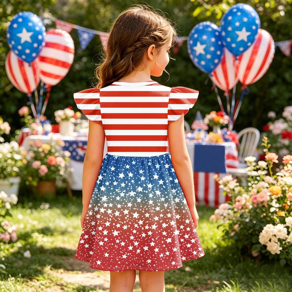 Mädchen Kleid mit Puffärmeln Unabhängigkeitstag Feiertagskleid Amerikanische Flagge gemustertes Skaterkleid Lässiges Sommeroutfit für Kinder