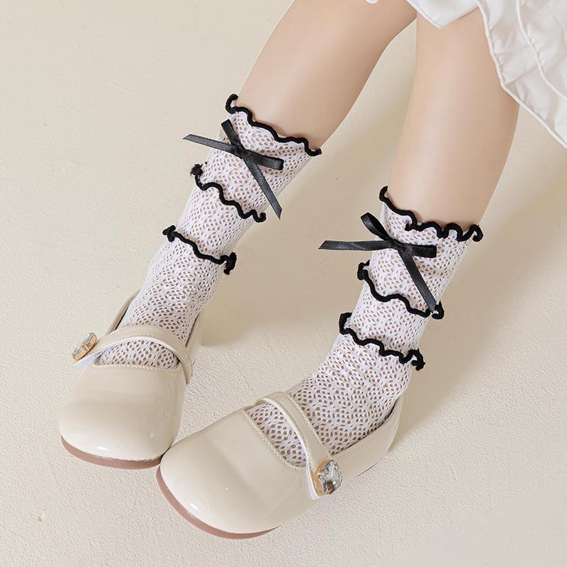 Womens Thin Mesh Breathable Midcalf Lace Socks With Mary Jane Lace Trim Hollowout Lace And Bowknots