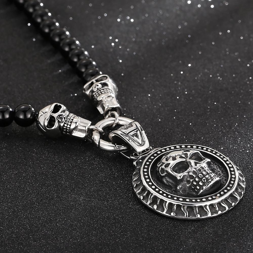 Collana con Pendente Teschio Faccia Testa Steampunk CZ da Uomo Larghezza 8MM Lunghezza 50CM Catena di Perline in Pietra Agata Gioielli in Acciaio Inossidabile