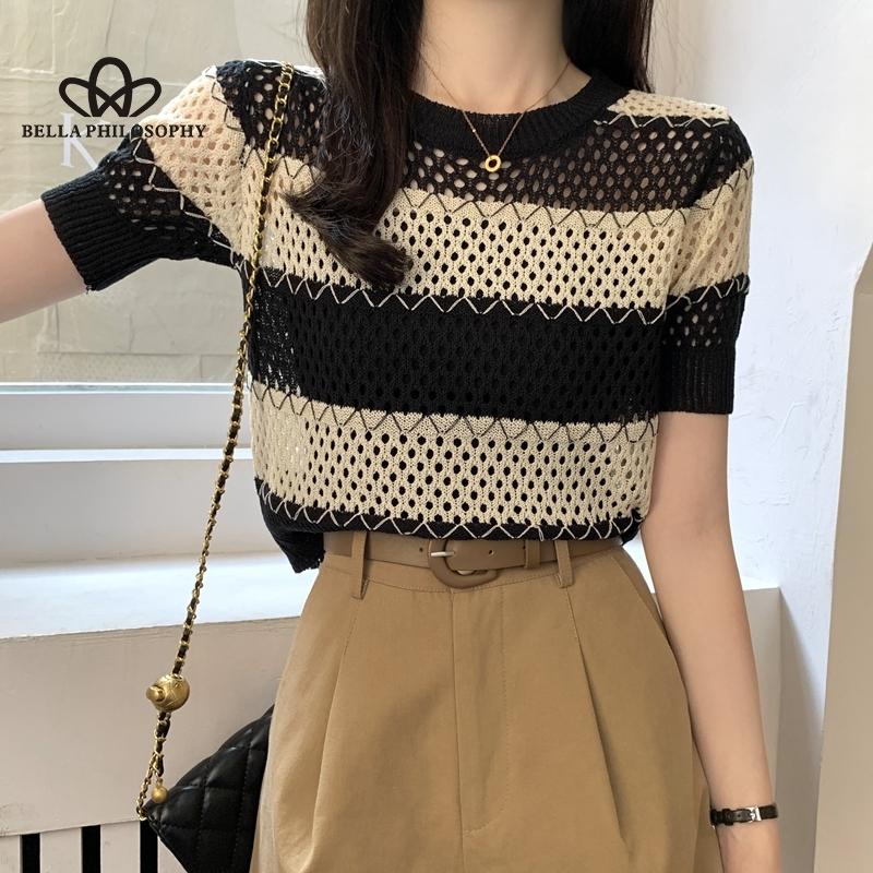 Retro Striped Knitted Short-sleeved Blouse Cap Sleeves Round Neck Ladies Sweater Woman Fashion Clothing