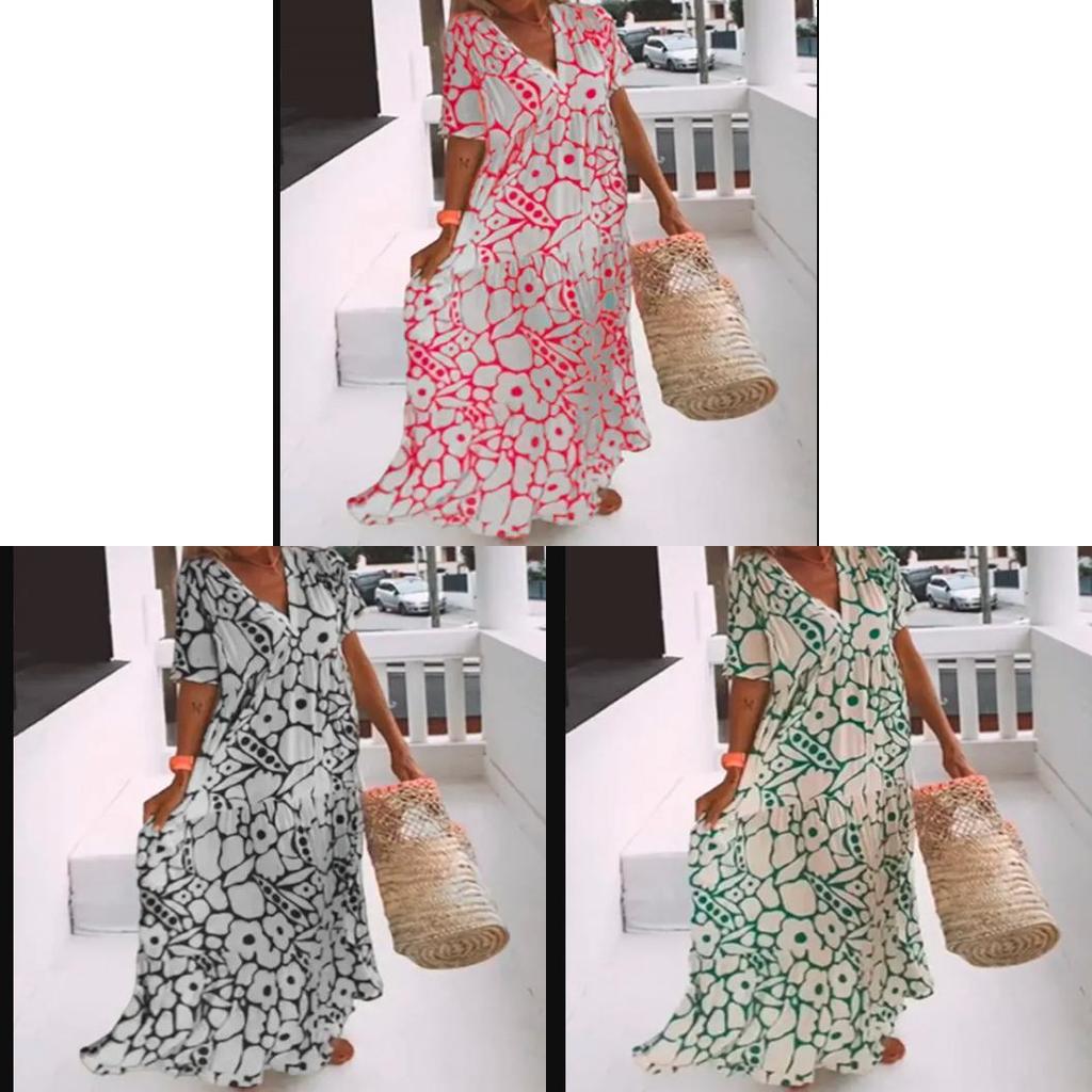 Wish Summer Printed Aline Dress With V Neck Short Sleeves For Street Style Women