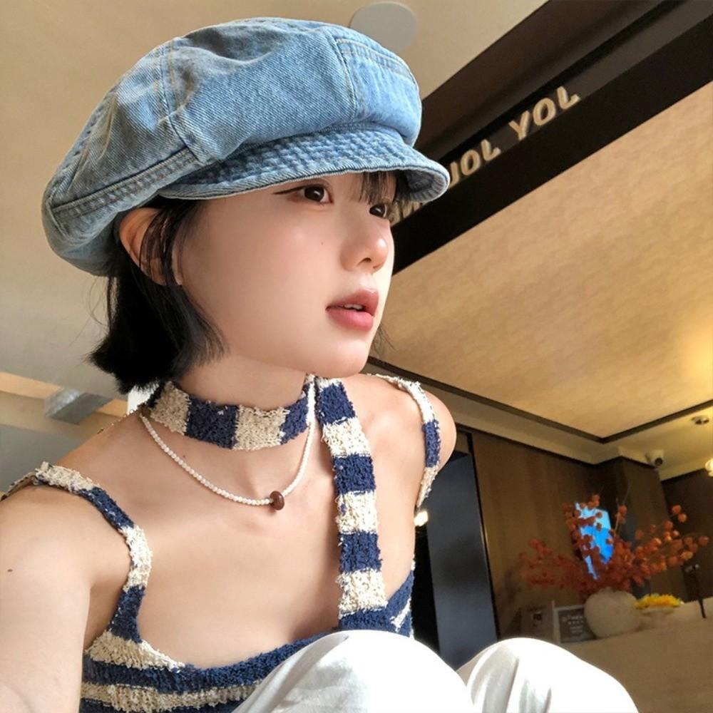 Cloud Octagonal Cap Vintage Peaked Hat Korean Washed Denim Beret  Women