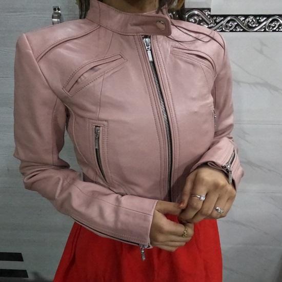 Noora Women's Lambskin Leather Cropped Jacket, Biker Crop Style Punk, Street, Club & Party wear Jacket BABYPINK