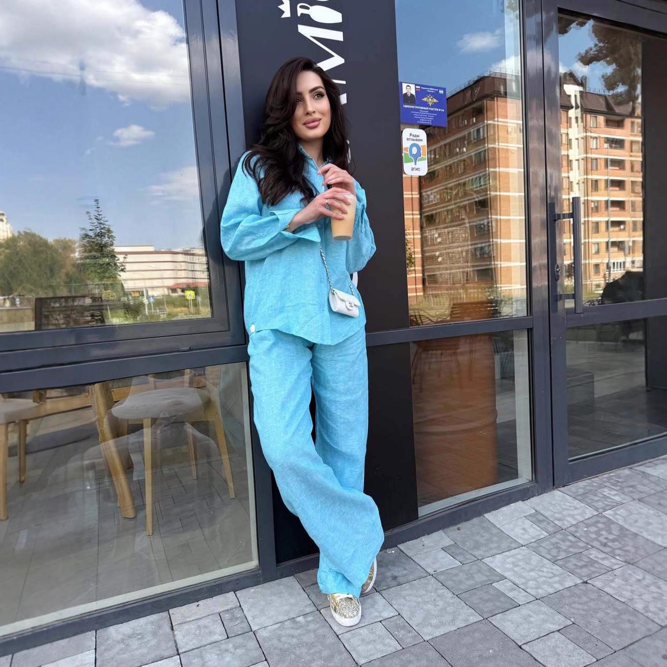 

European & American Women s Summer Solid Color Button Shirt Cardigan with Casual Pants XS