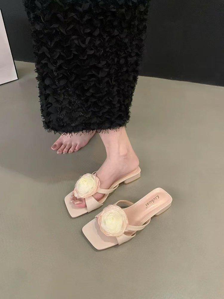 Soft Leather Version~ Pink Flower with Skirt Slippers Female Summer New French Gentle Fairy Evening Breeze Vacation Thick Heel