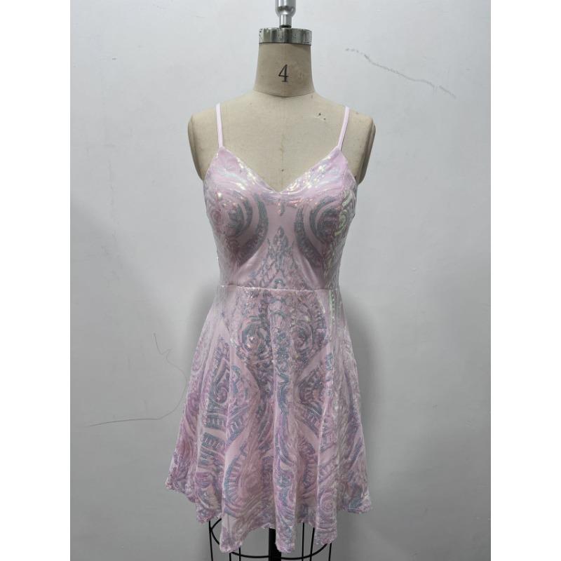 Women Sexy Sequined Spaghetti Strap V Neck Short A Line Formal Party Dress