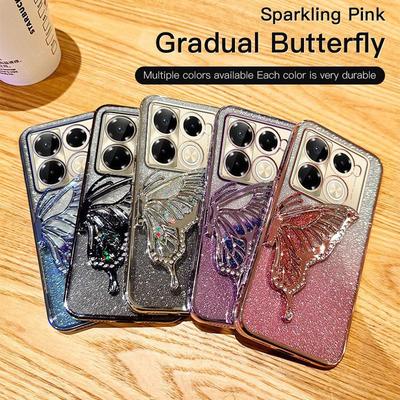 Coque de téléphone Chuan Yin Note40 Papillon Pailleté avec Support - Design Diamant Électroplaqué Sable Coulant pour HOT40/GT20pro