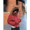 Winter Fur Collar Hooded Padded Short Coat Women Shiny Rhinestone Puffer Jacket Casual Zip Up Outerwear