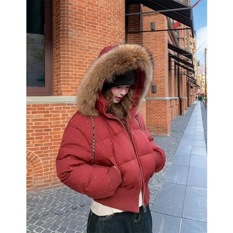 Winter Fur Collar Hooded Padded Short Coat Women Shiny Rhinestone Puffer Jacket Casual Zip Up Outerwear