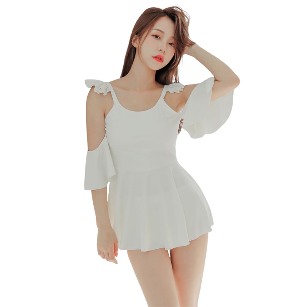 

Купальник с высоким размером L [RAVIR] Женский слитный шорты, комплект из 2 предметов, талия, с оборками, на бретелях, белый, белый