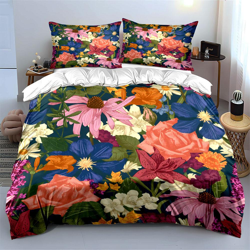 Colorful Floral Pattern Design Bedding Set for Kids Luxury Gift 3pcs Digital Print Comforter Set Soft Comfortable Breathable