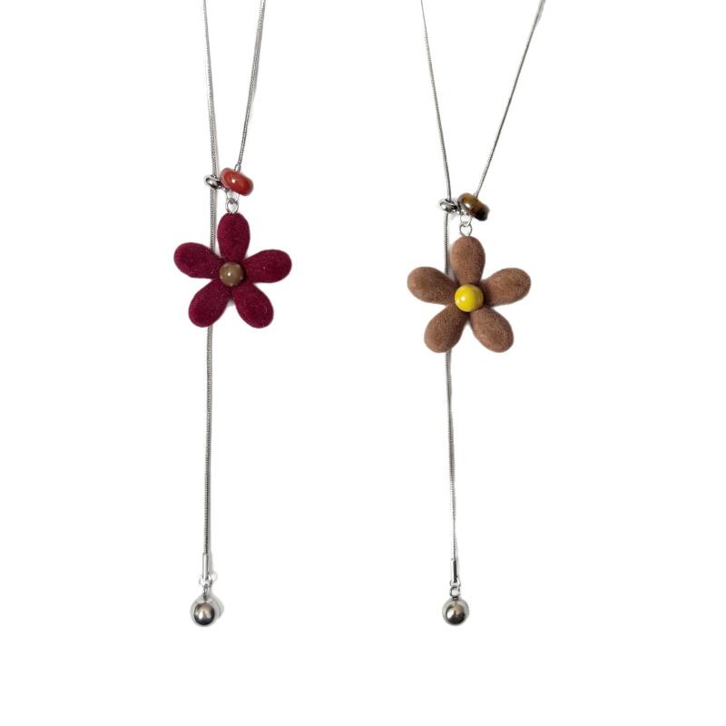 Korean Style Colorful Plush Flower Pendant Necklaces for Women Girls Casual Trendy Pull-Out Long Sweater Necklaces Jewelry Gifts