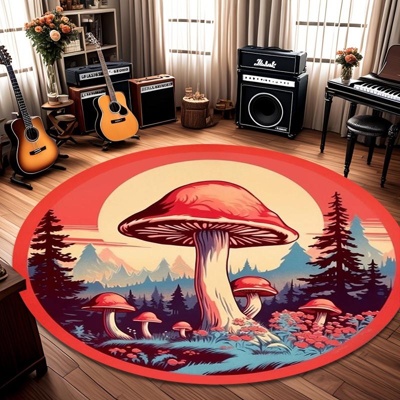 Cute Red Spotted Mushroom Forest Round Rug Non Slip Floor Mat Woodland Fungus Leaf Print Rug for Kids Bedroom