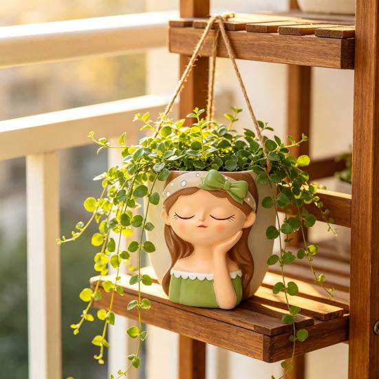 Cute Girl Face Planter, Resin Girl Head Planter, Decorative Small Plant Pot for Succulents Cactus Desk Balcony Decor