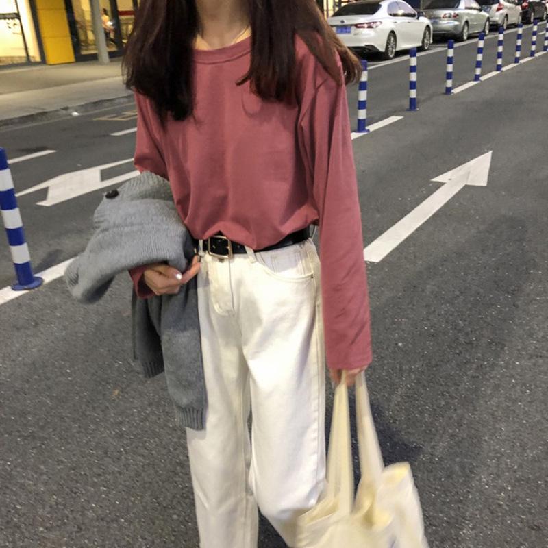 2023 Korean Style Women's Solid Color Long Sleeve T-shirt - Loose Fit, All-Match, for Spring & Autumn