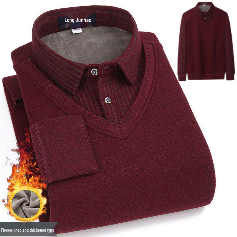 Men's Loose Knit Sweater with Faux Two-Piece Shirt Collar, Fleece-Lined, Thick Warm Winter Stand-Up Collar Top