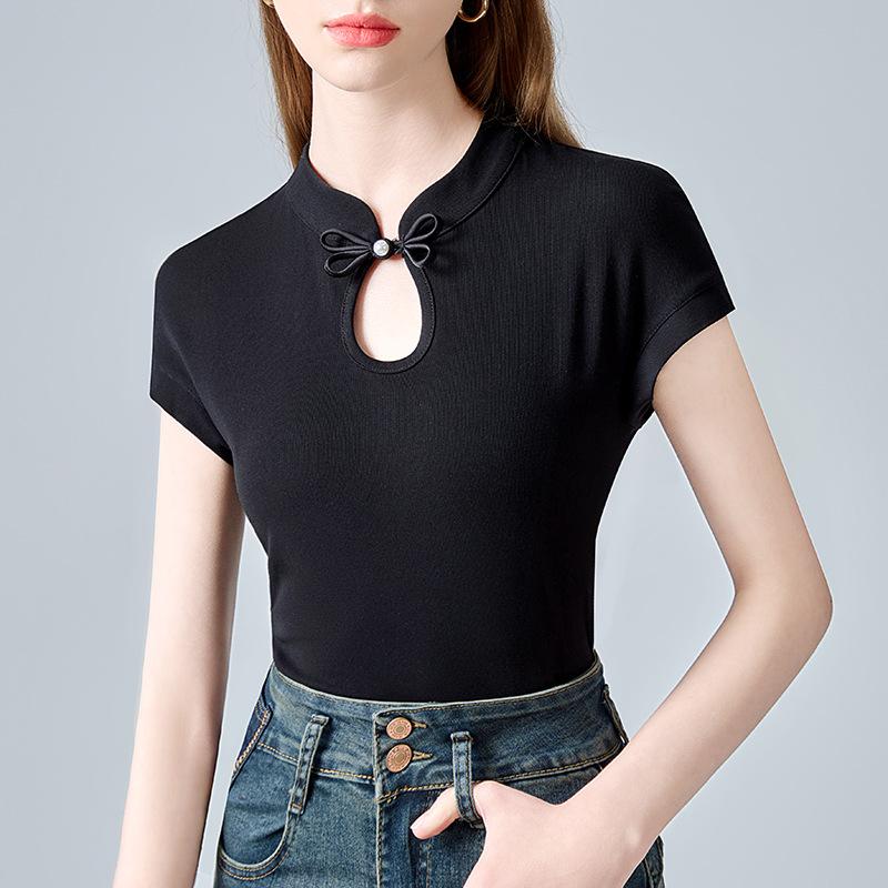 

Китайская футболка с короткими рукавами для женщин, новая женская футболка в китайском стиле в стиле ретро с пуговицами и ажурным воротником, приталенная, с вырезом-капелькой 2XL чёрный