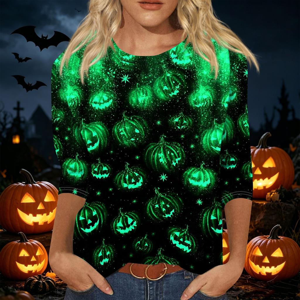 Women's Casual Halloween Print Crew Neck Three Quarter Sleeve T Shirt Top Lightweight Comfortable Relaxed Fit
