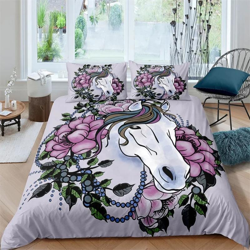 3D Horse Duvet Cover King Queen Size Yellow Sunflower Bedding Collection Floral Animal Theme Quilt Cover Wildlife Soft Comforter Cover