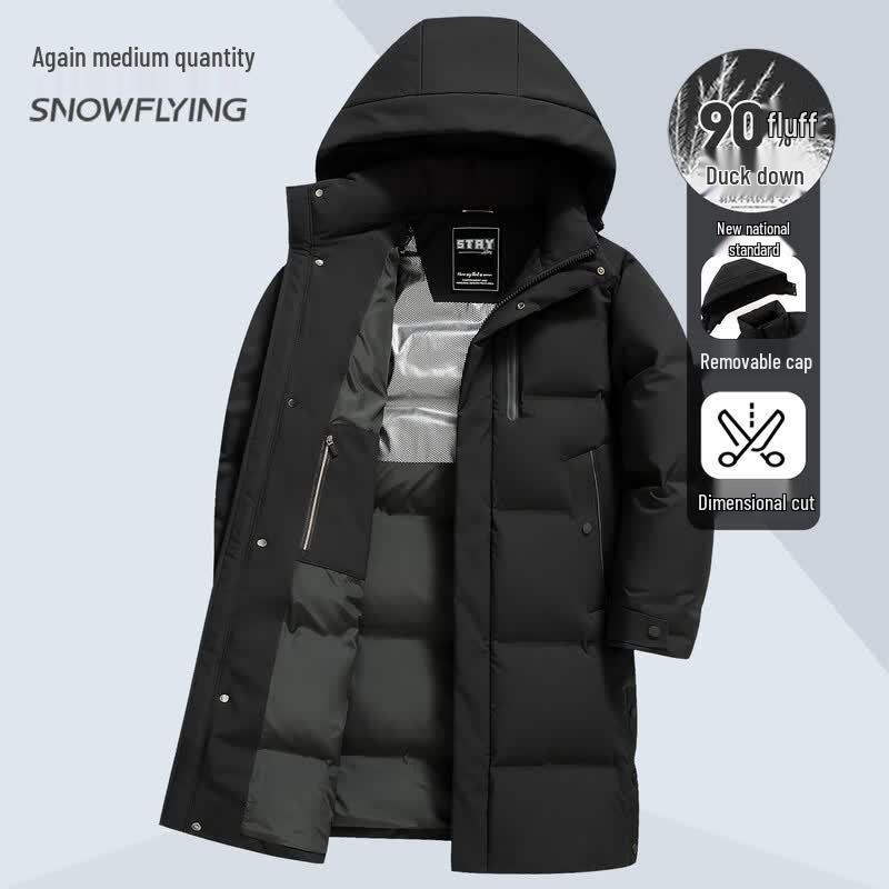 Men's Long Warm Down Jacket with Detachable Hood