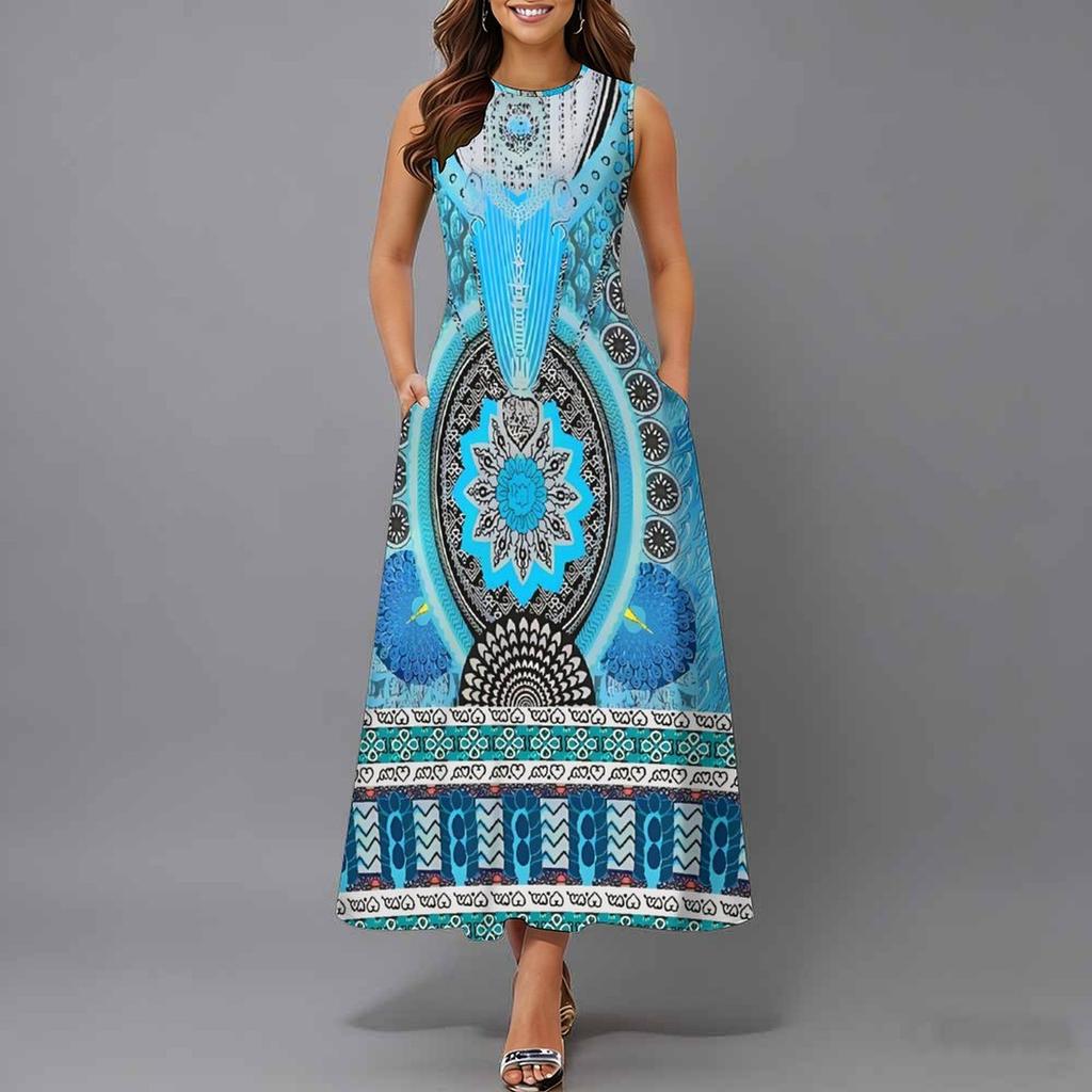 Women Oversized Sleeveless Crew Neck Dress Soft Watercolor Floral Loose Mid Calf Gown