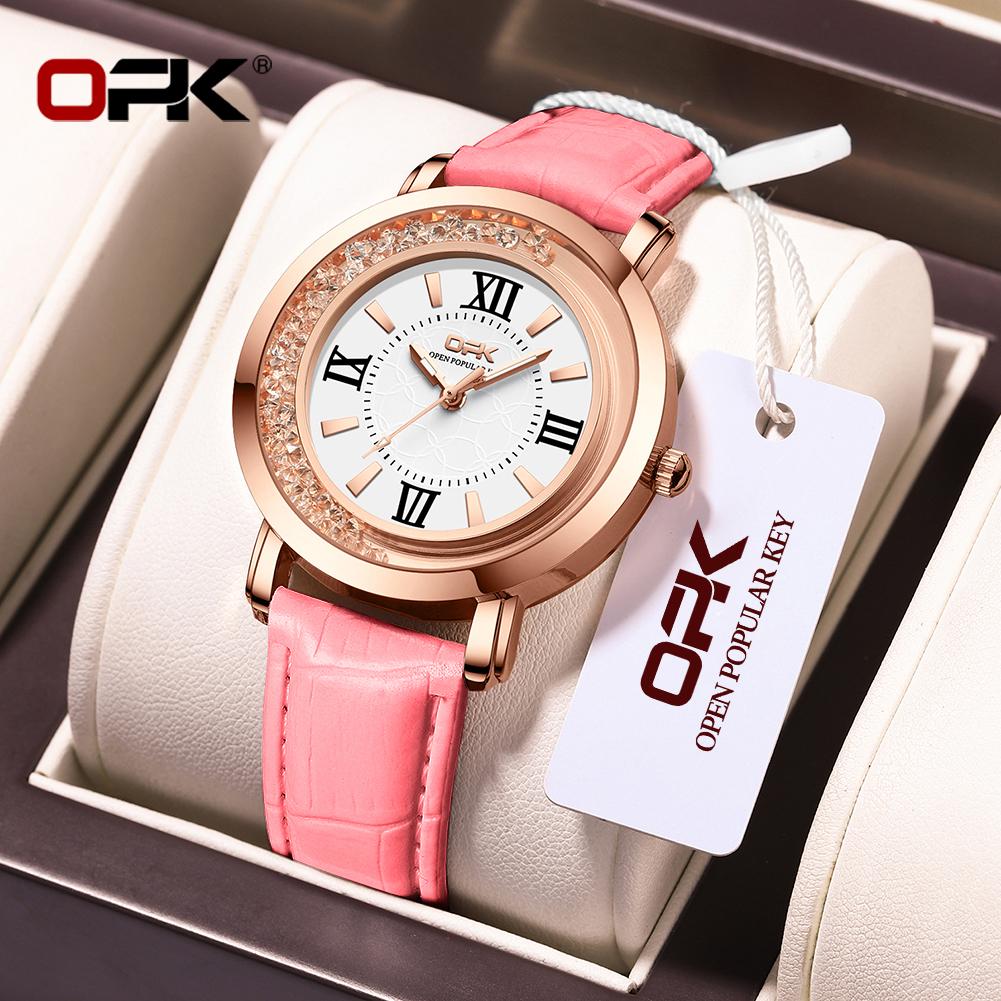 OPK 8611 Fashion Quartz Watch for Lady Diamond Bezel Leather Strap Waterproof Luminous Original Women's Dress Wristwatch