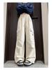 Damen High-Waist Retro Washed Baumwolle Cargohose, Lockeres Gerades Bein, Bodenlang, Aufgeschlagener Weiter Beinabschluss, Frühling Schlankmachender Stil.