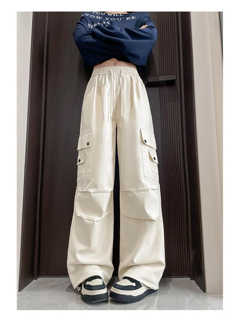 Damen High-Waist Retro Washed Baumwolle Cargohose, Lockeres Gerades Bein, Bodenlang, Aufgeschlagener Weiter Beinabschluss, Frühling Schlankmachender Stil.
