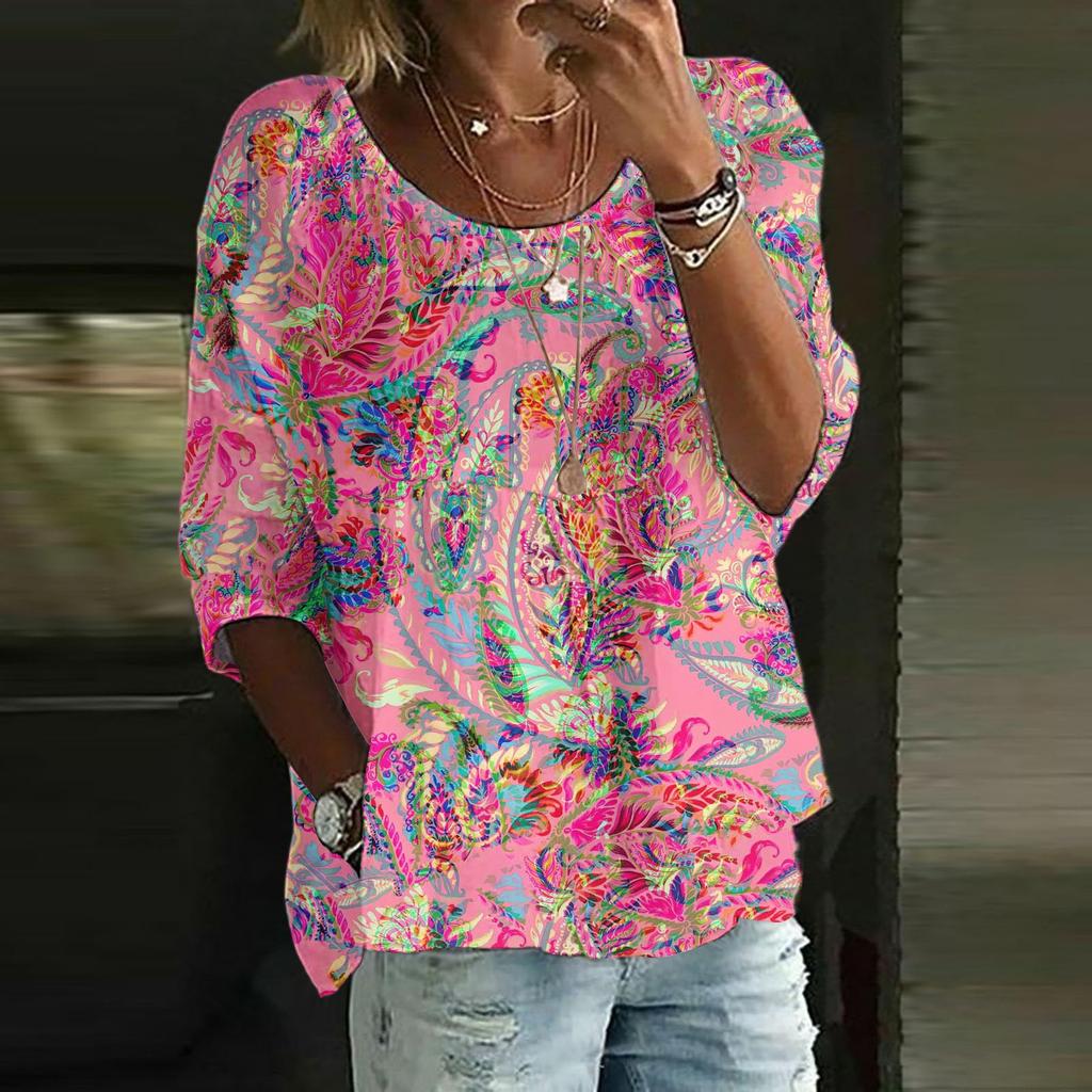 Women's Casual Fashion Three-quarter Sleeve Loose Round Neck Floral Print Top