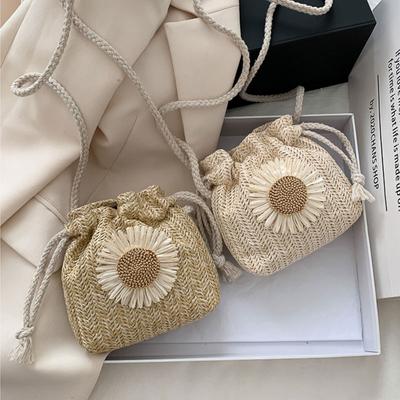 Damen Tasche Sommer Strand Stroh Taschen Klassische Textur Sonnenblume Kordelzug Gewebte Eimer Crossbody Schulter Messenger