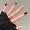24Pcs Milkshake French Diamond Lattice Press On Nails Removable Fake Nail Tips Autumn Winter Adhesive Manicure Art