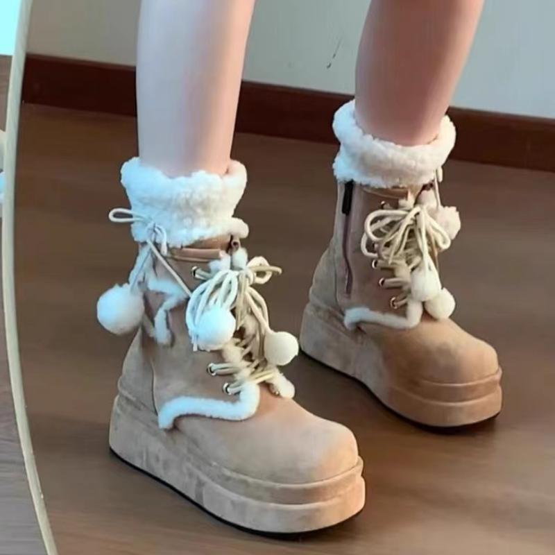 Cute Fluffy Fur Thick Bottom Winter Women Ankle Boots Fashion Cozy Chunky Platform Wedge Heel Women Plush Snow Boots Botas Mujer