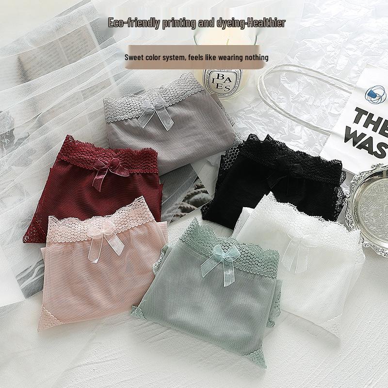 Women's Seamless Mesh Panties with Lace Edge and Bowknot
