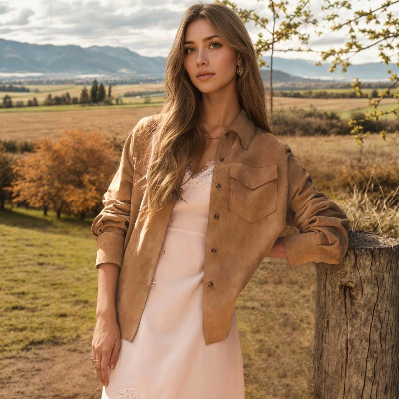 Early Fall Suede Jacket Women Relaxed Fit Multi-Pocket Lapel Casual Chic Outerwear